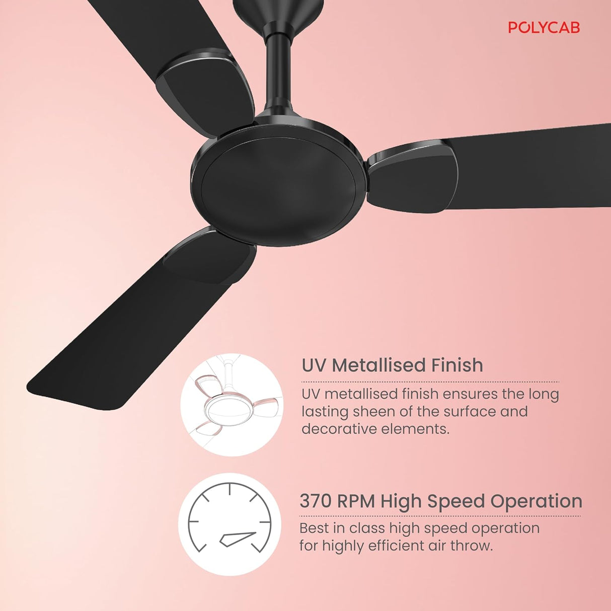 Ceiling fan with UV metallised finish and 370 RPM high speed operation on a pink background, featuring Polycab brand.