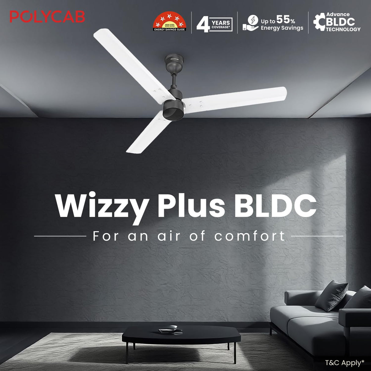Polycab Wizzy Plus 1200mm 5-Star BLDC Ceiling fan with remote (Matt White Black)