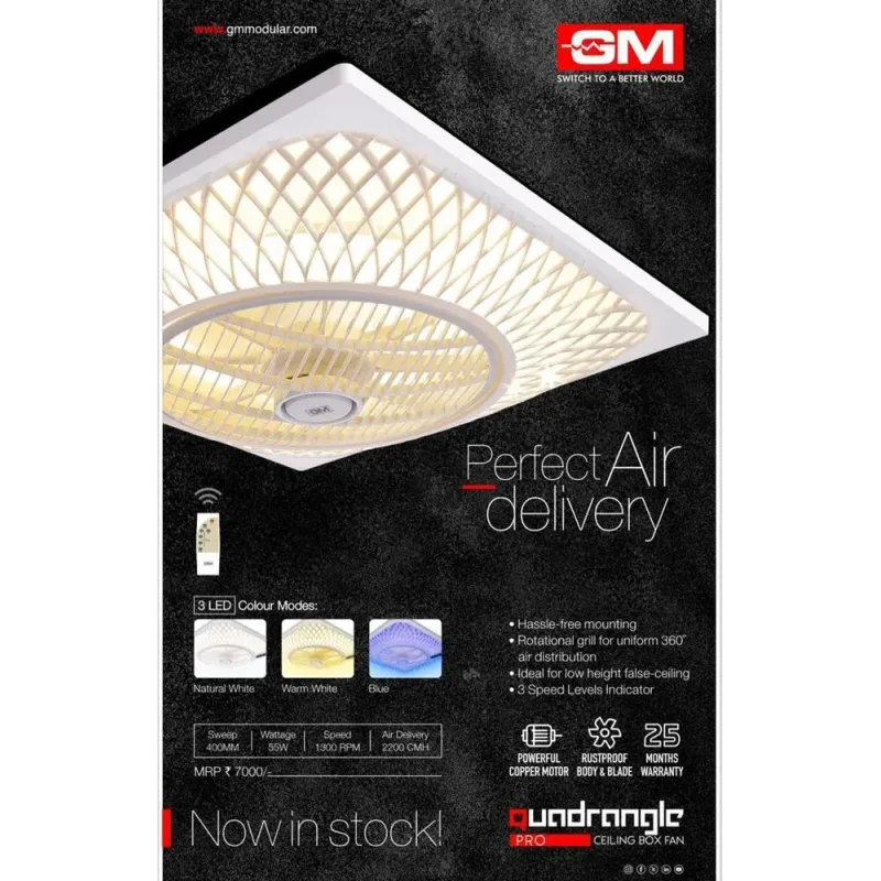 GM Quadrangle Pro Concealed Ceiling Box Fan | with Remote | 3 LED Colour Light | White
