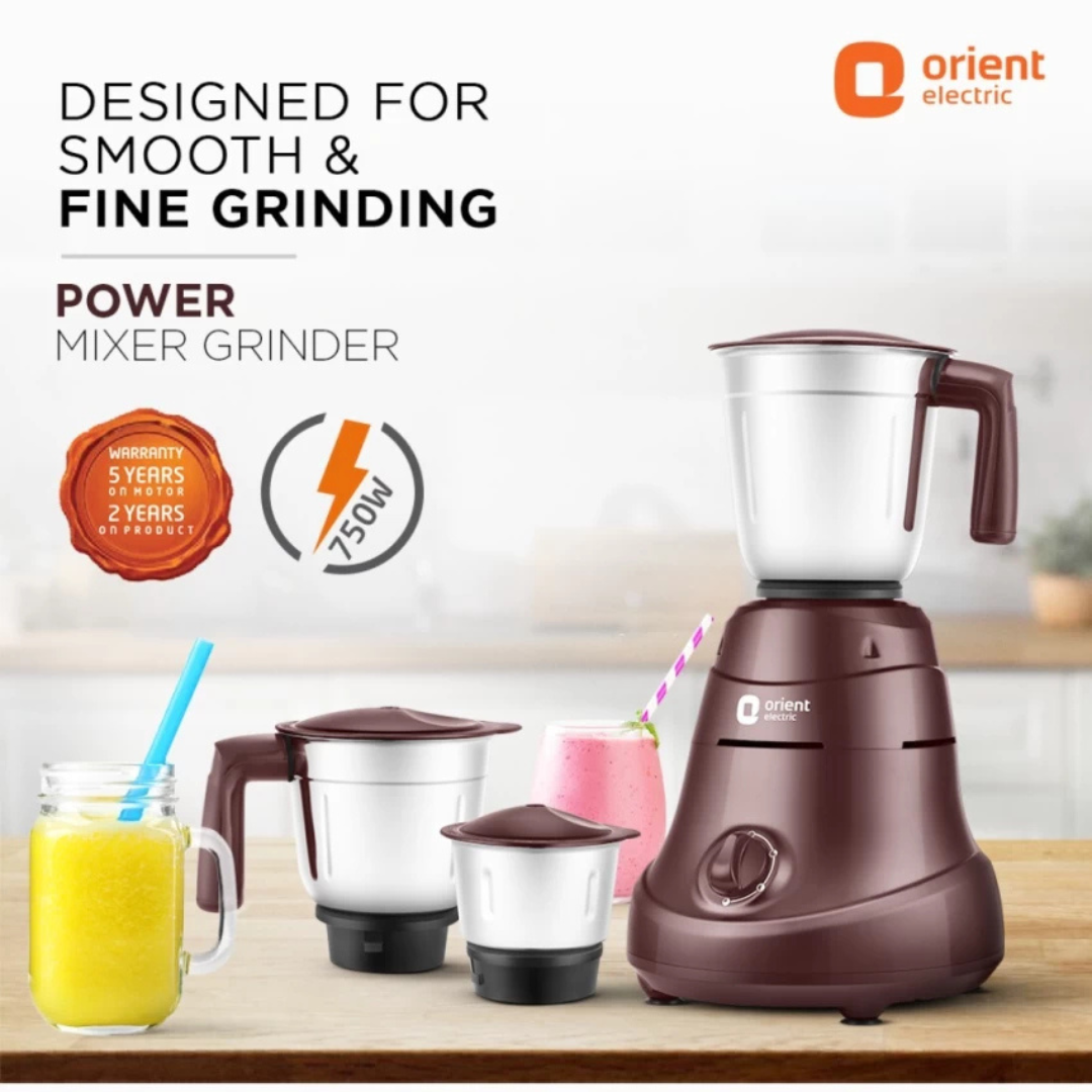 Orient Elecric Power Mixer 750 W Mixer Grinder (3 Jars | Cherry)