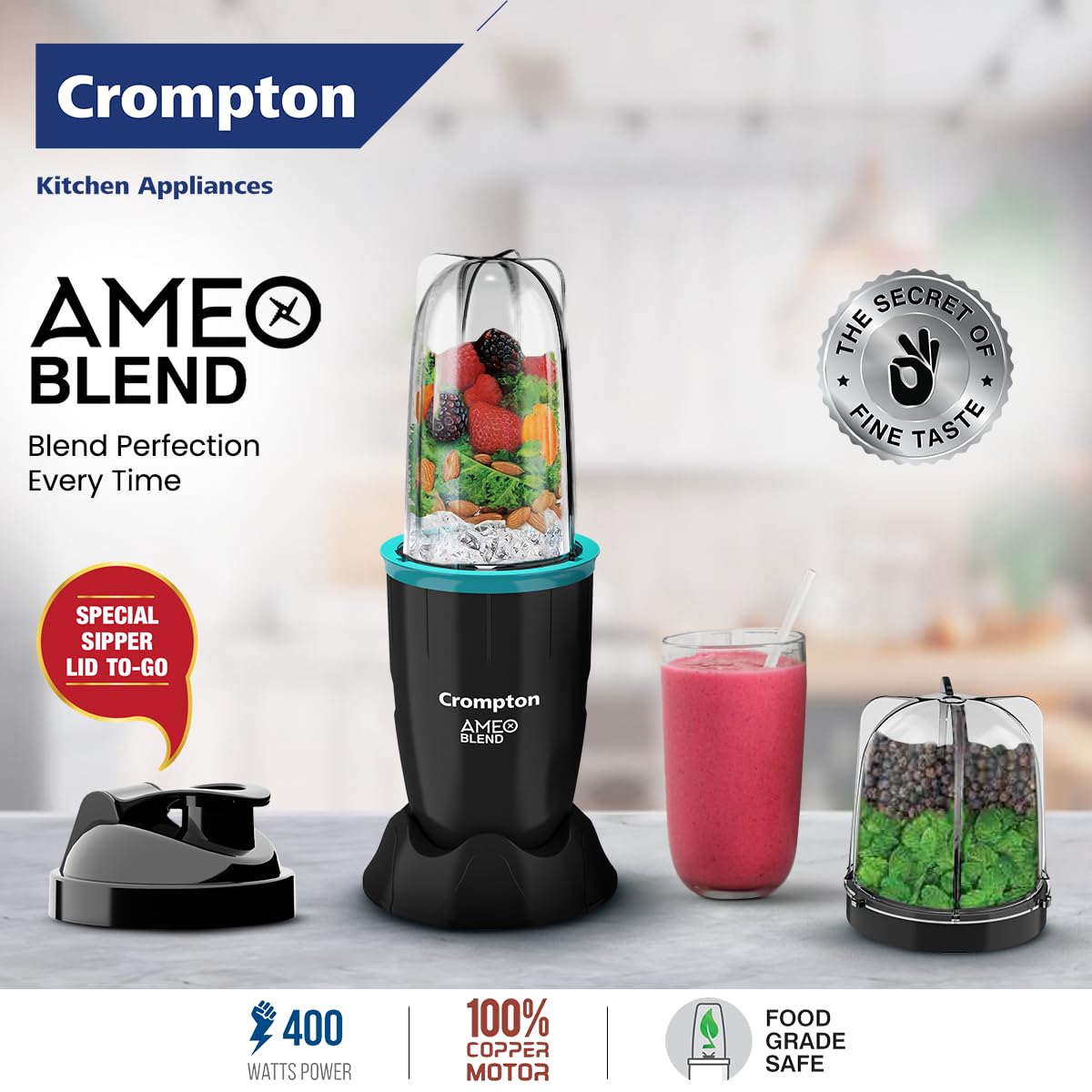 Crompton AMEO BLEND Nutri blender 400 W Juicer (2 Jars | Sea Green and black)