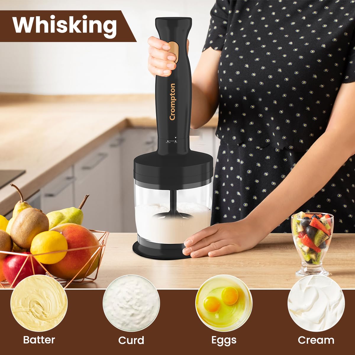 Crompton AMEO TRIO Hand blender+ Chopper+ whisker 300Watts (Black & Golden)
