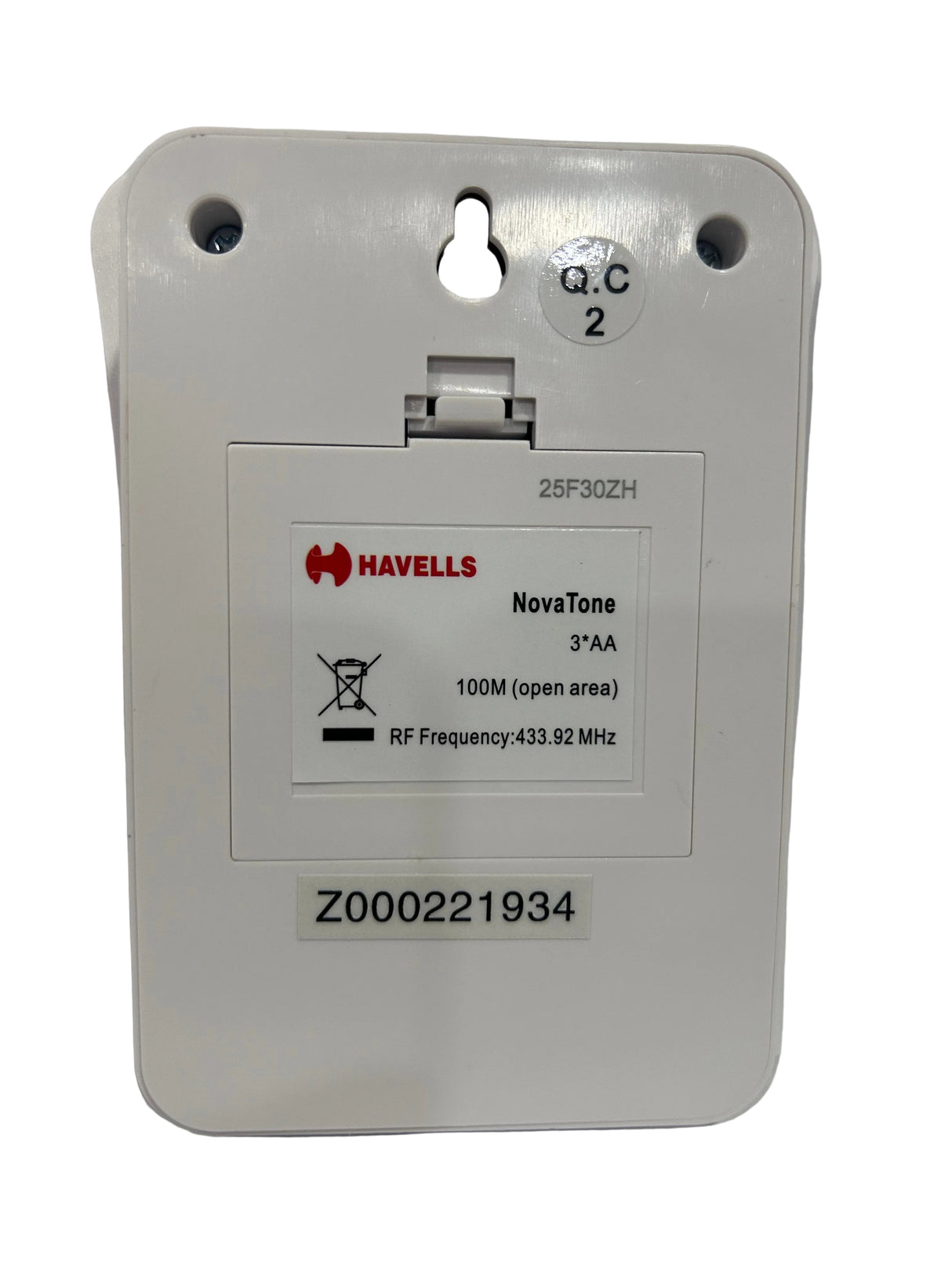 White electronic doorbell with branding and model number on a white background
