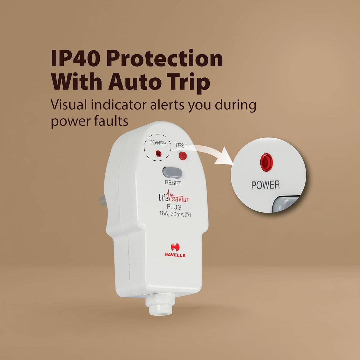 Havells Plastic 16A 30mA PRCD Plug Top (White)