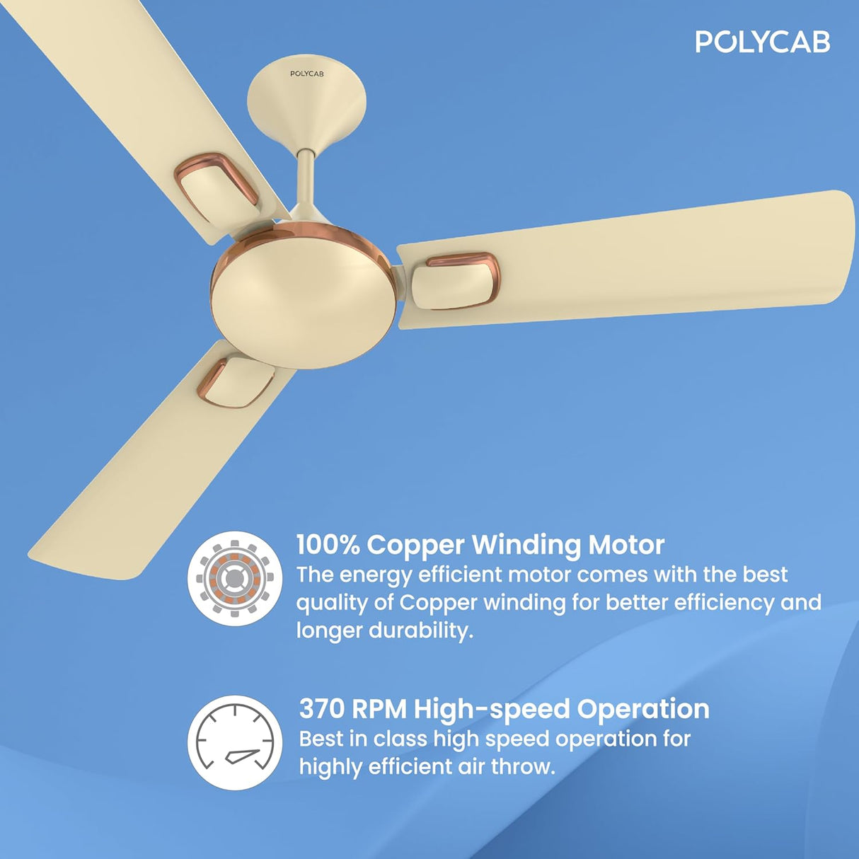 Ceiling fan with POLYCAB branding on a blue background