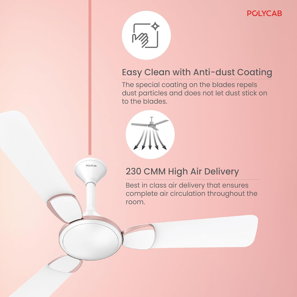 Ceiling fan with anti-dust coating and high air delivery features on a pink background