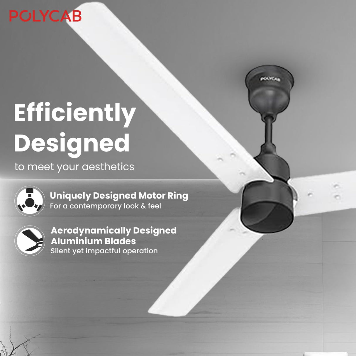 Polycab Wizzy Plus 1200mm 5-Star BLDC Ceiling fan with remote (Matt White Black)