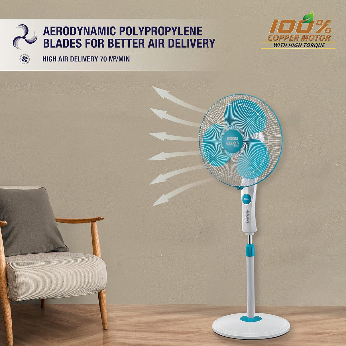 Usha Maxx Air Ultra 400mm Pedestal Fan (Light Blue)