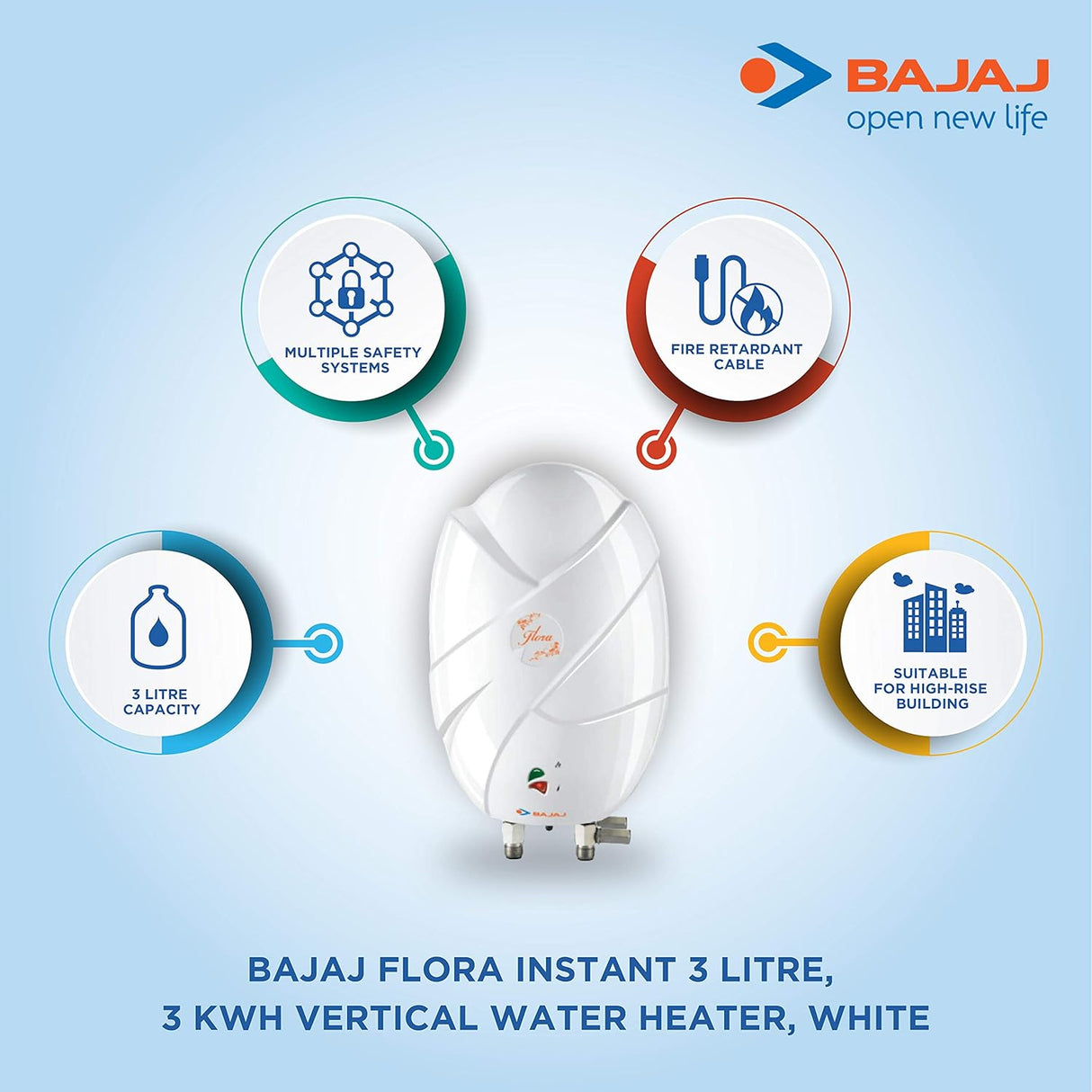 Bajaj Flora 3 Litre Instant Vertical Water Heater Without Pipe (White)
