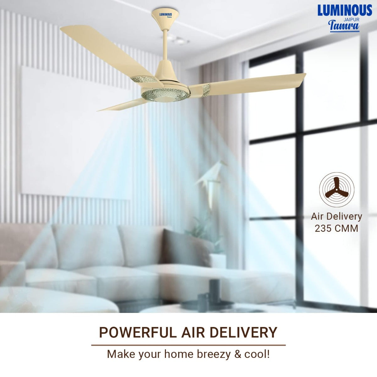 This RR Signature Jaipur Tamra ceiling fan has a powerful air delivery which makes your home breezy and cool