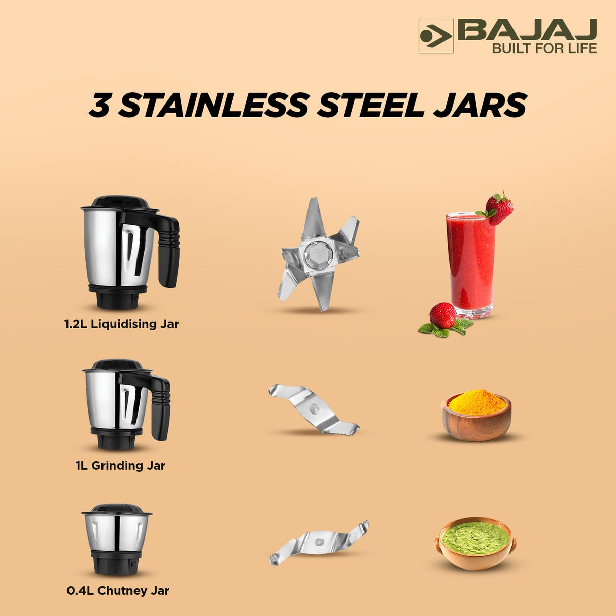 Bajaj Military Series Finesse 750W Mixer Grinder with 3 Stainless Steel Military Grade Jars (Midnight Black)