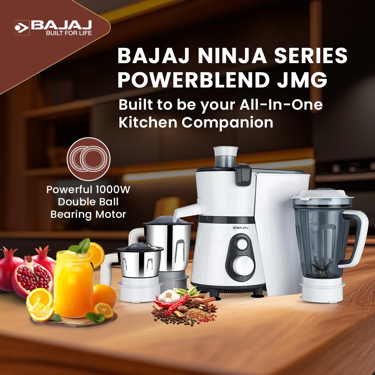 Bajaj Ninja Series Power Blend 1000 Watts 3 Jar Juicer Mixer Grinder 【White & Grey】
