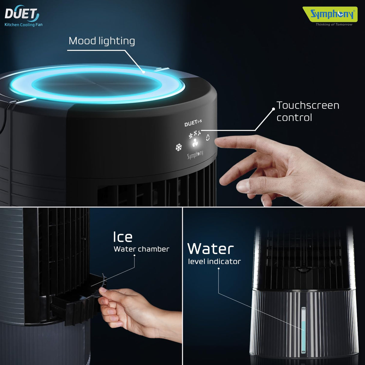 Symphony Duet-i Kitchen Cooling Personal fan with Ice chamber, Digital Display, Mood Lights