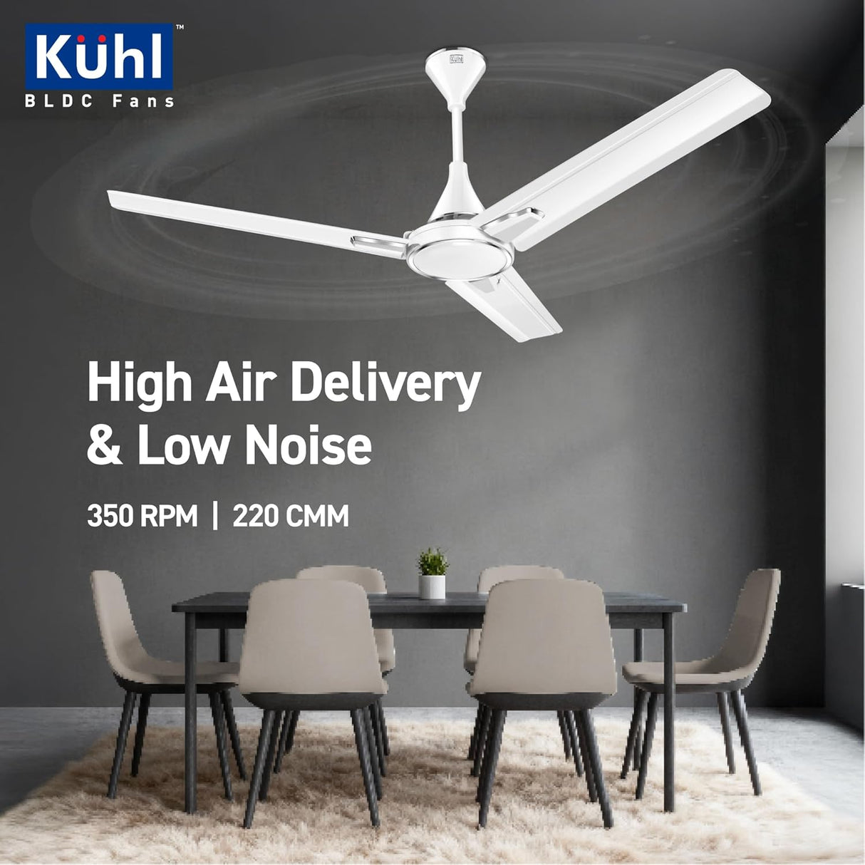 Kuhl ceiling fan in a room with a table and chairs, highlighting high air delivery and low noise features.