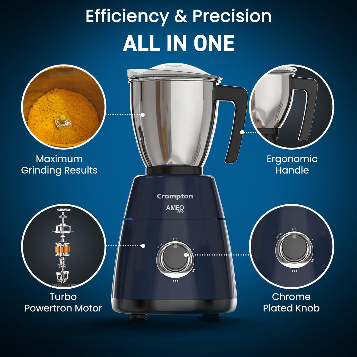 Crompton Ameo Pro 750W 3 Jar Mixer Grinder (Black & Blue)