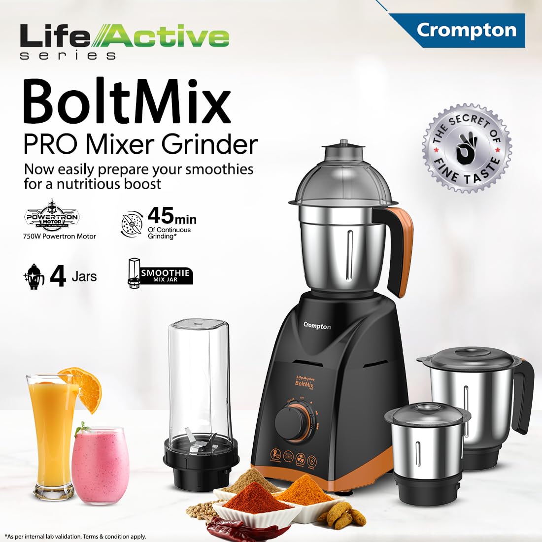 Crompton Boltmix Pro 750W 3 Jars Mixer, Grinder & Blender (Black & Orange)