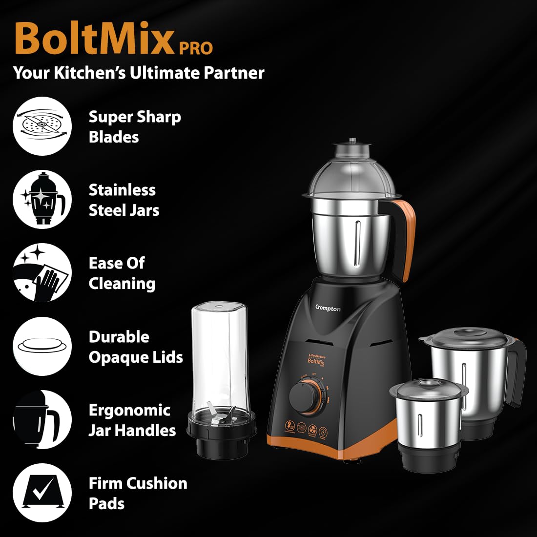 Crompton Boltmix Pro 750W 3 Jars Mixer, Grinder & Blender (Black & Orange)