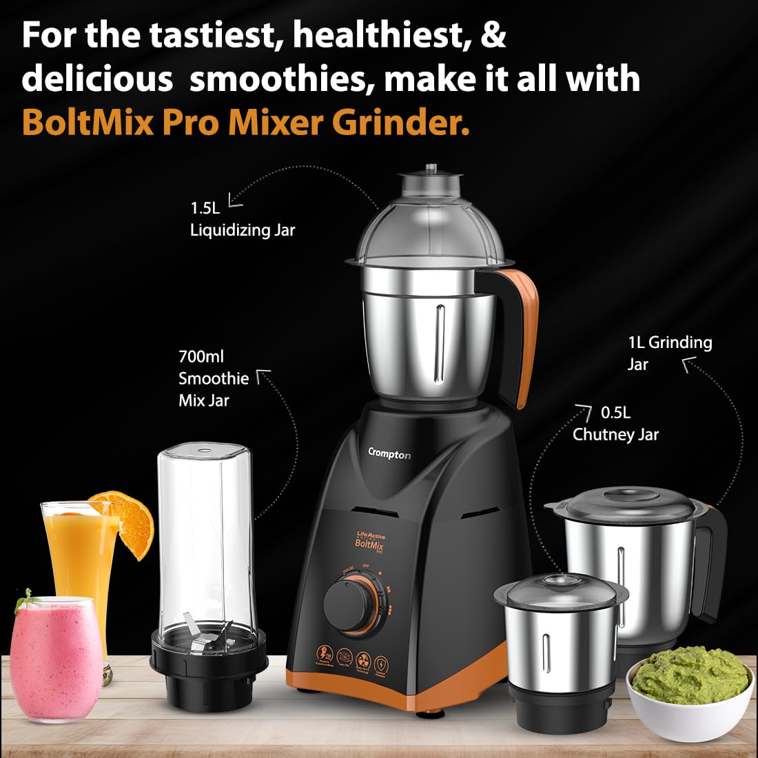 Crompton Boltmix Pro 750W 3 Jars Mixer, Grinder & Blender (Black & Orange)