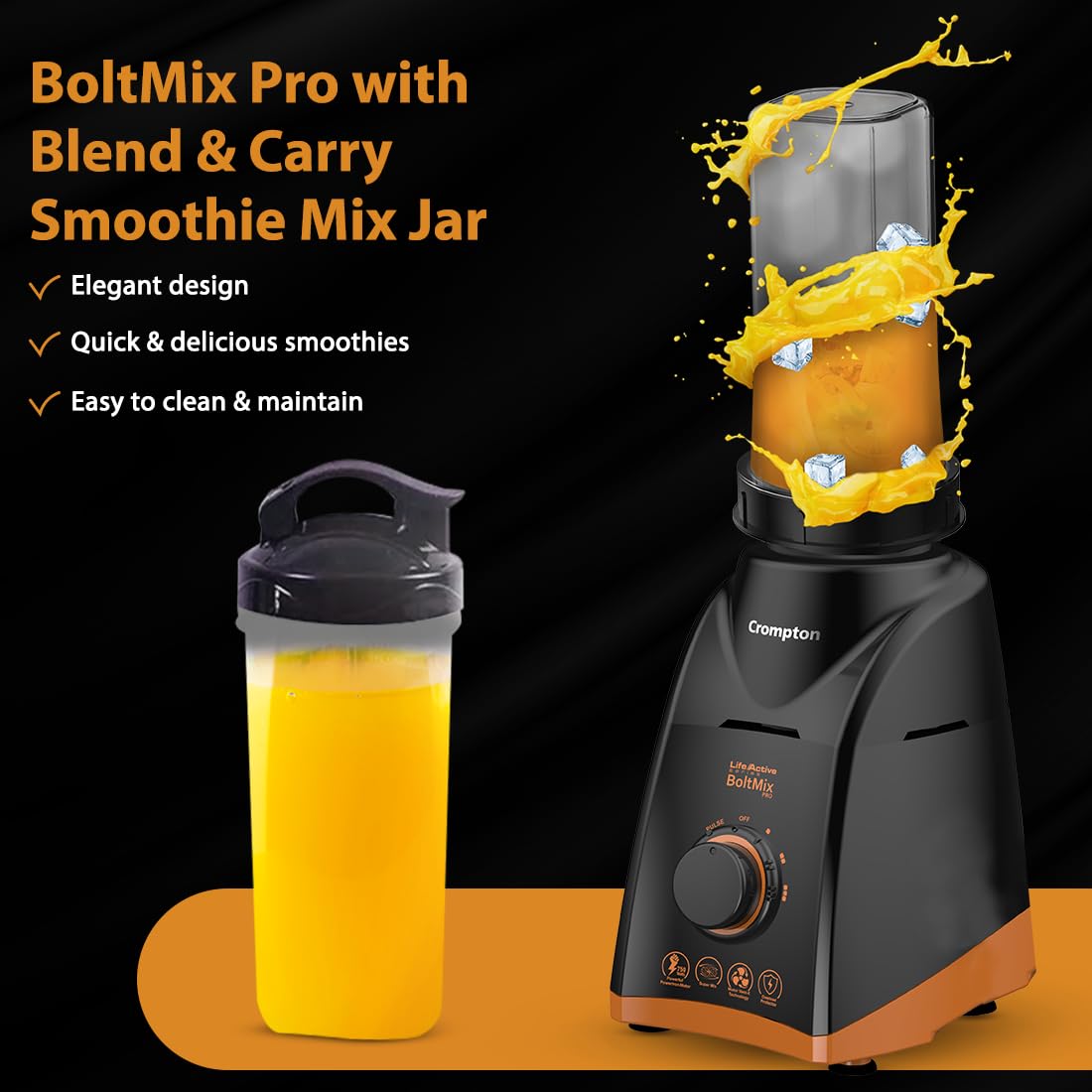 Crompton Boltmix Pro 750W 3 Jars Mixer, Grinder & Blender (Black & Orange)