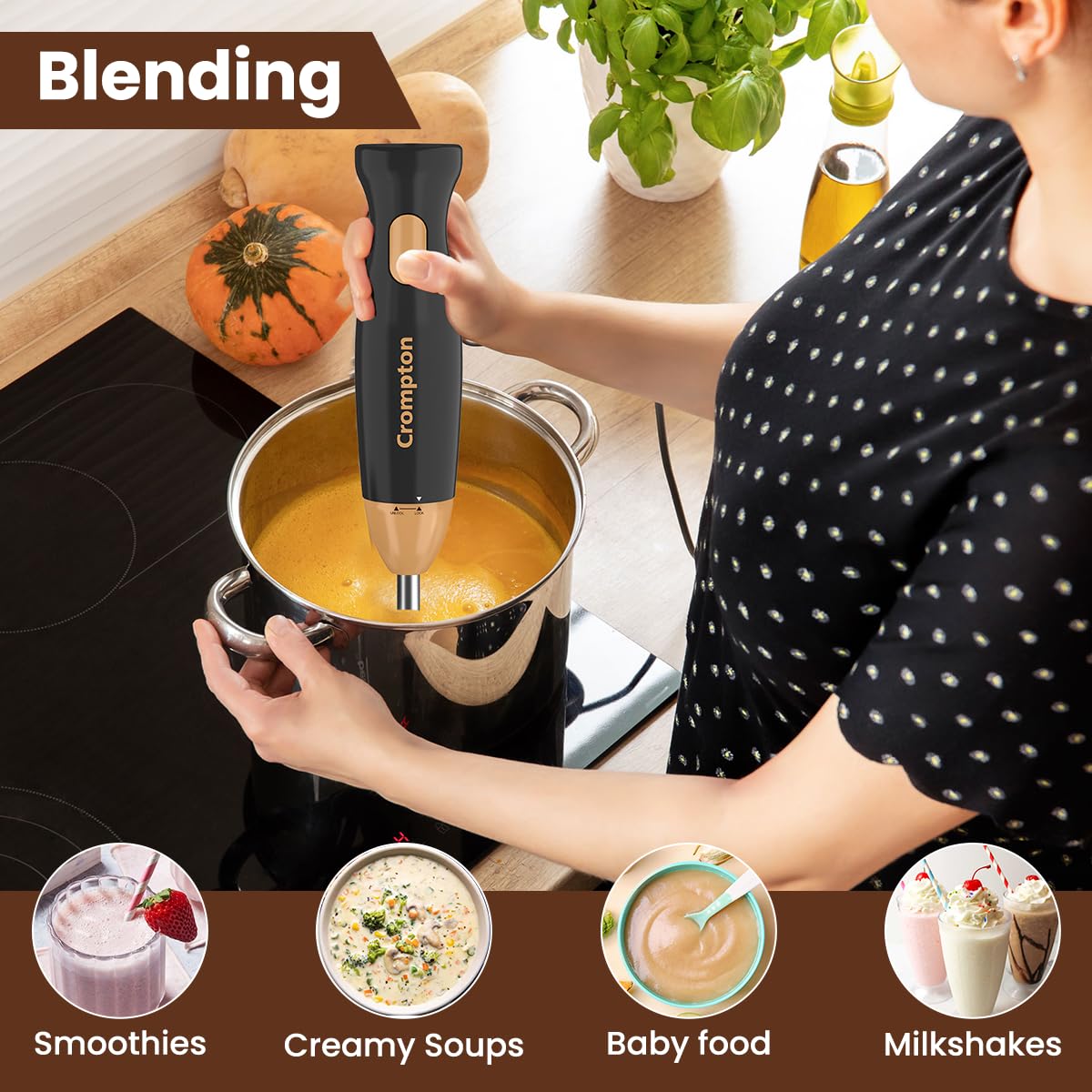 Crompton AMEO TRIO Hand blender+ Chopper+ whisker 300Watts (Black & Golden)