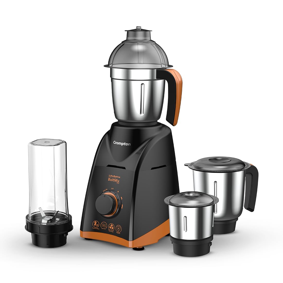 Crompton Boltmix Pro 750W 3 Jars Mixer, Grinder & Blender (Black & Orange)