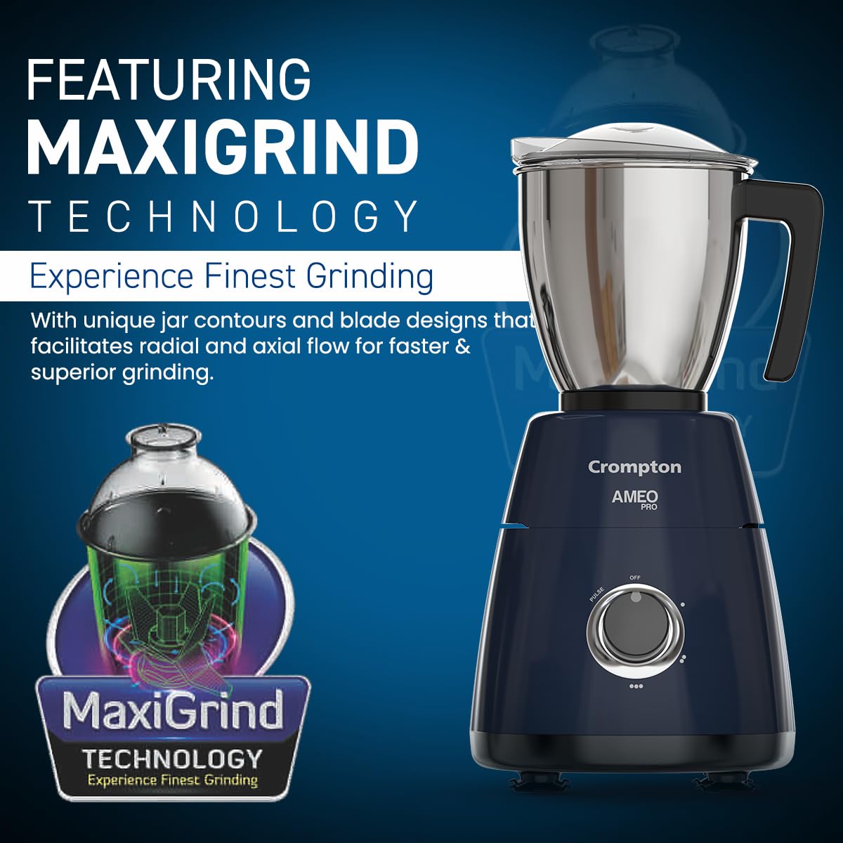 Crompton Ameo Pro 750W 3 Jar Mixer Grinder (Black & Blue)