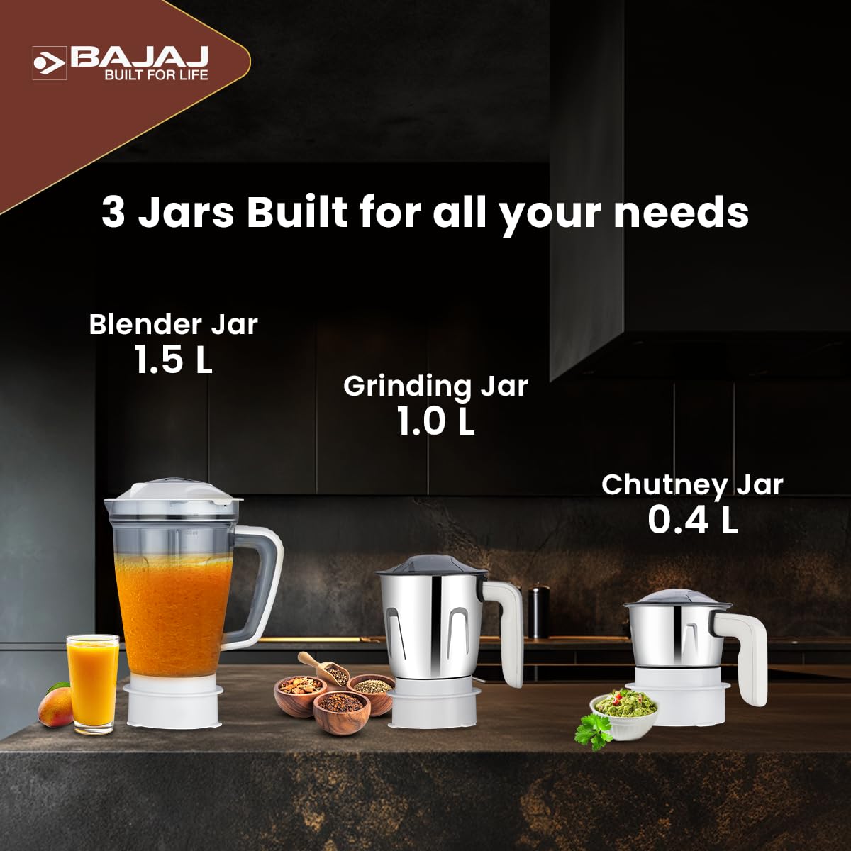 Bajaj Ninja Series Power Blend 1000 Watts 3 Jar Juicer Mixer Grinder 【White & Grey】