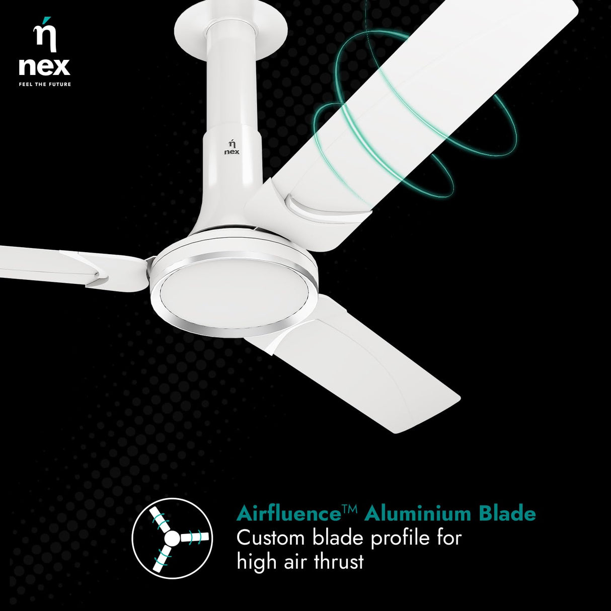 White ceiling fan with 'nex' branding on a black background