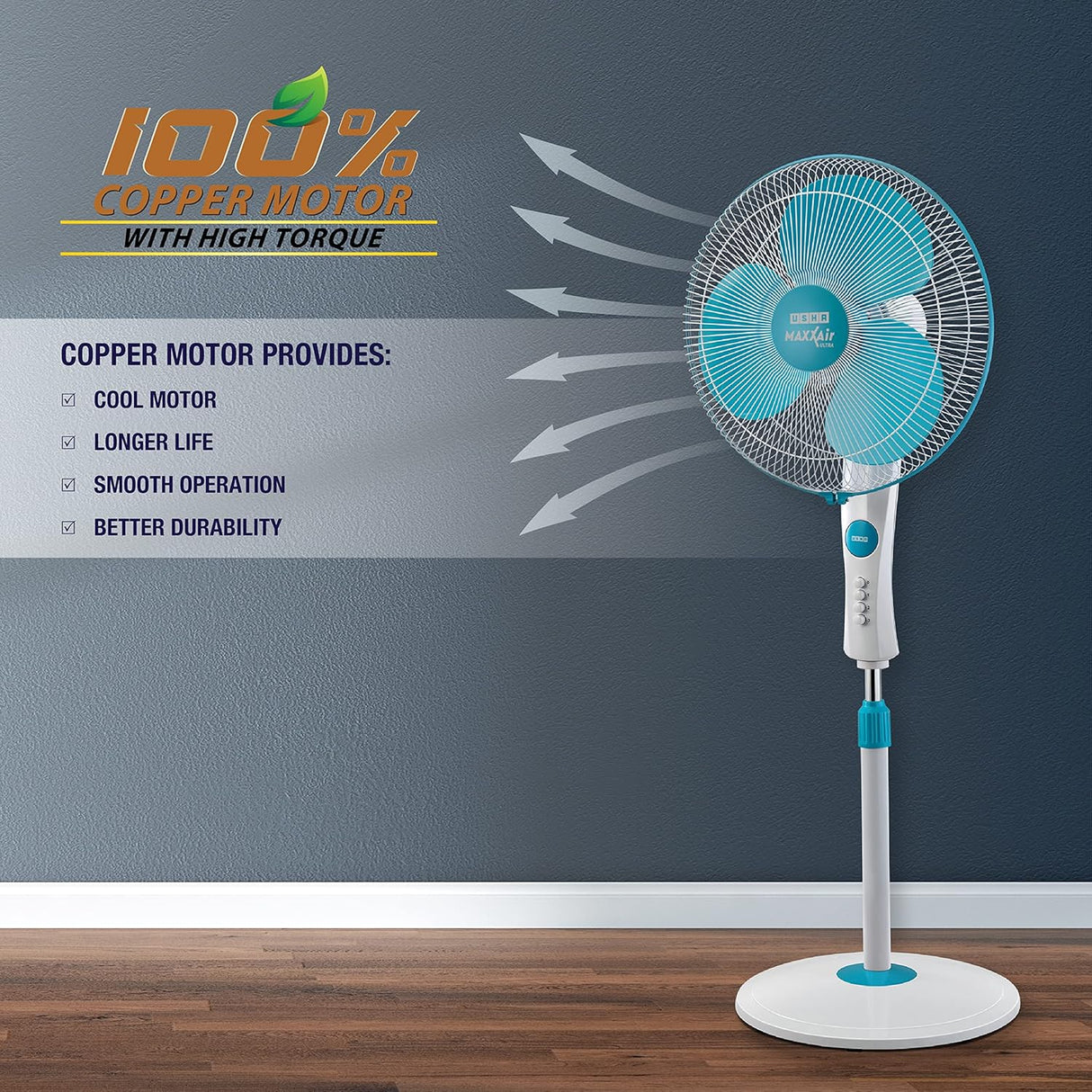 Usha Maxx Air Ultra 400mm Pedestal Fan (Light Blue)