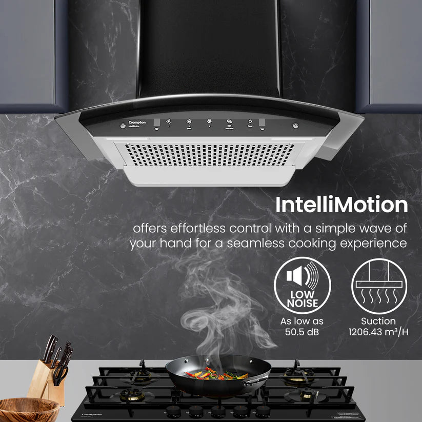 Crompton IntelliMotion 60cm Curved Glass Silent Kitchen Chimney | Baffle Filter, Motion Sensor & Touch Control (Black)