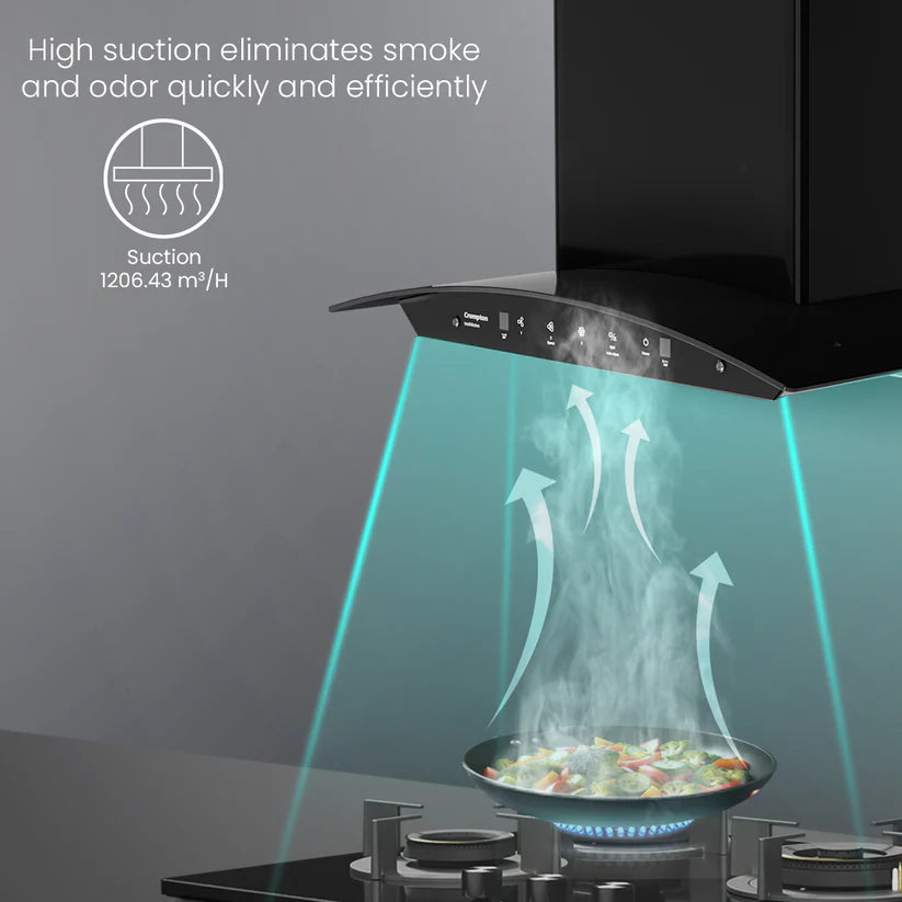 Crompton IntelliMotion 60cm Curved Glass Silent Kitchen Chimney | Baffle Filter, Motion Sensor & Touch Control (Black)