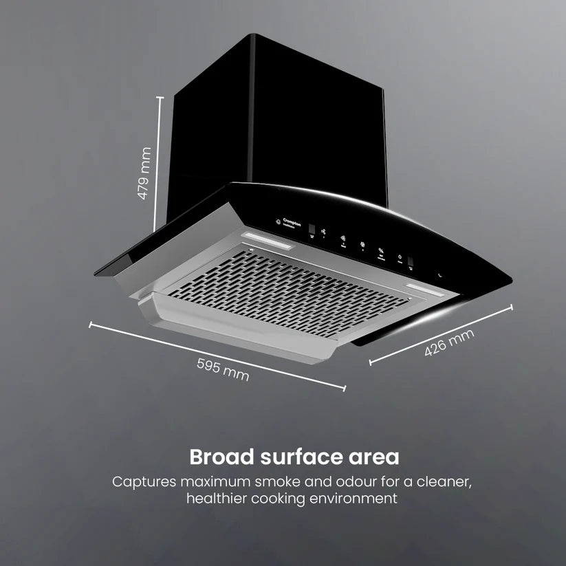 Crompton IntelliMotion 60cm Curved Glass Silent Kitchen Chimney | Baffle Filter, Motion Sensor & Touch Control (Black)