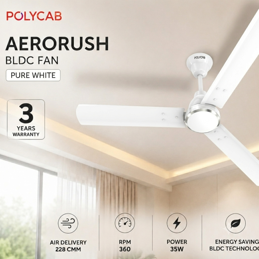 White POLYCAB Aerorush BLDC fan shown installed on a ceiling in a modern room, with product text, a 3-year warranty badge, and feature icons overlaid on the image.