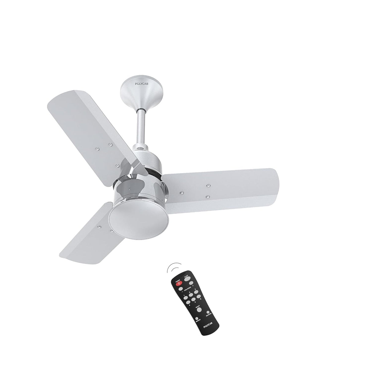 White ceiling fan with remote control on a white background
