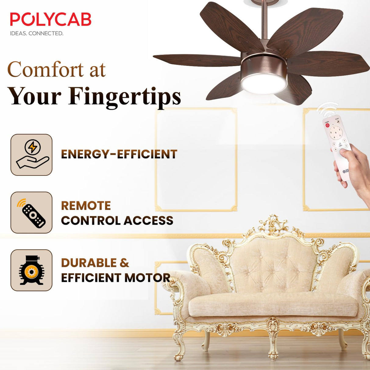 Ceiling fan with remote control, sofa, and Polycab branding on a white background