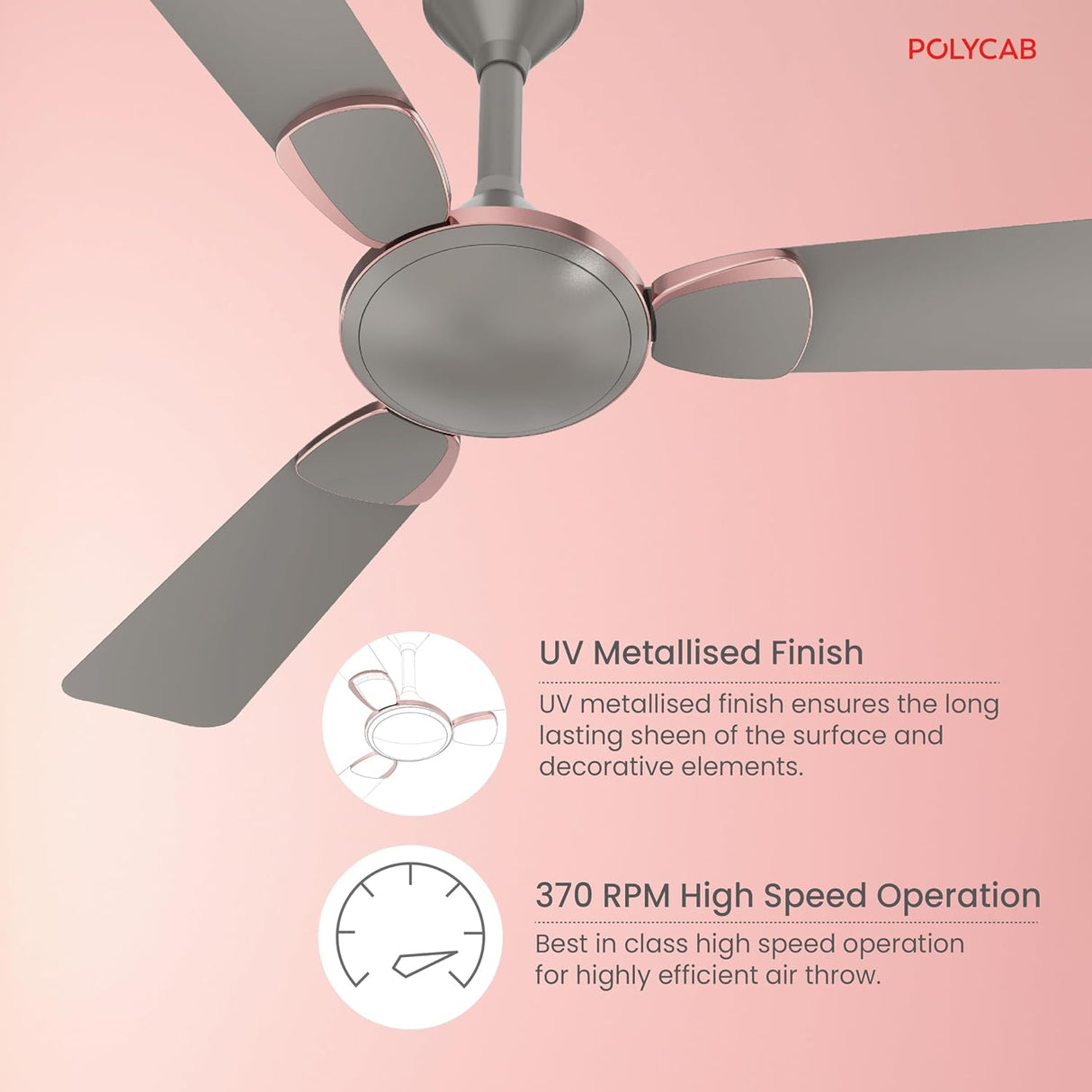 Ceiling fan with UV metallised finish and 370 RPM high speed operation on a pink background, featuring Polycab brand.