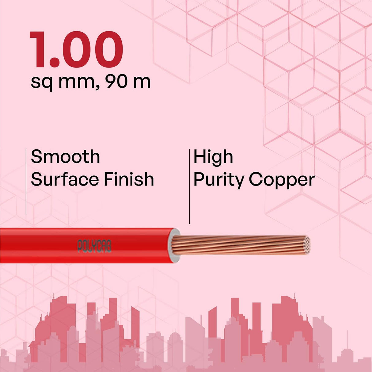 Cable with red jacket and copper core on a pink geometric patterned background