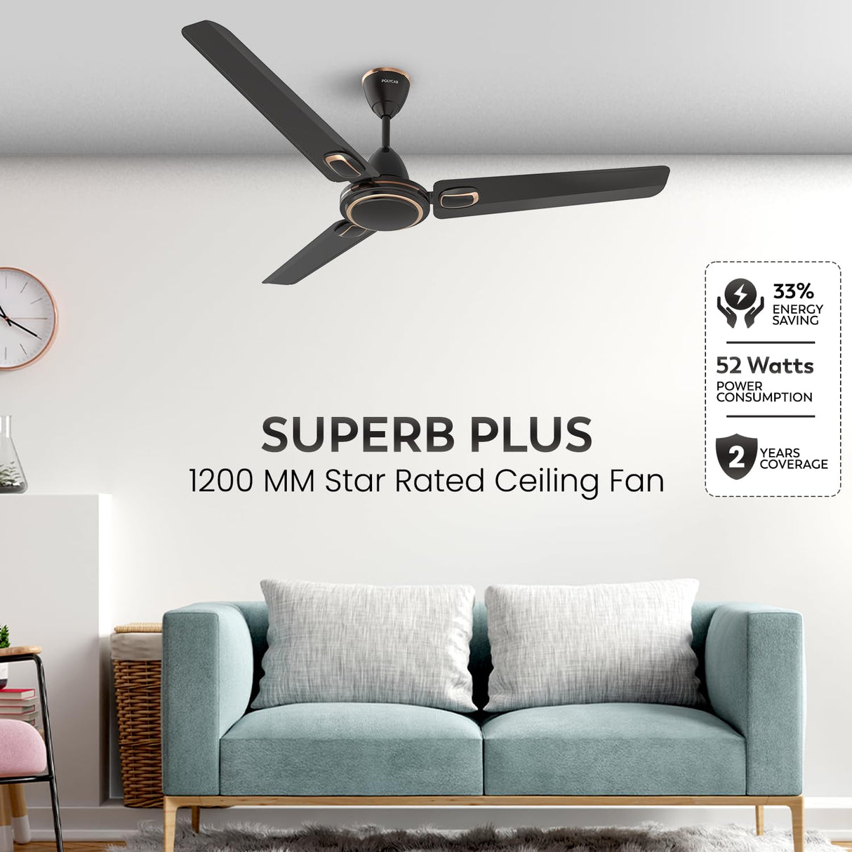Ceiling fan in a living room with a sofa and clock, featuring product details.
