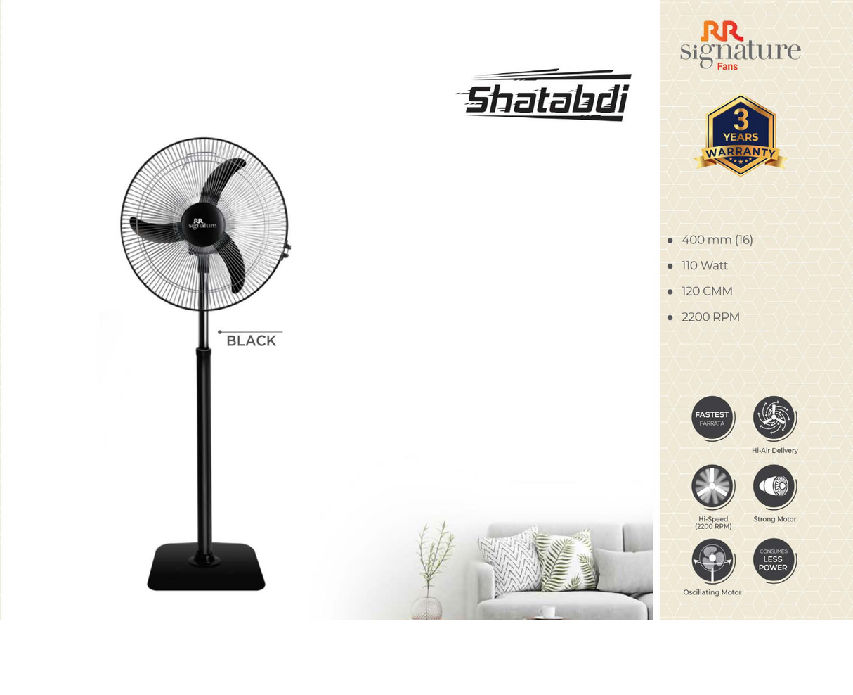 RR Signature Shatabdi Farrata 400mm Metal Pedestal Fan with Oscillation (Black)