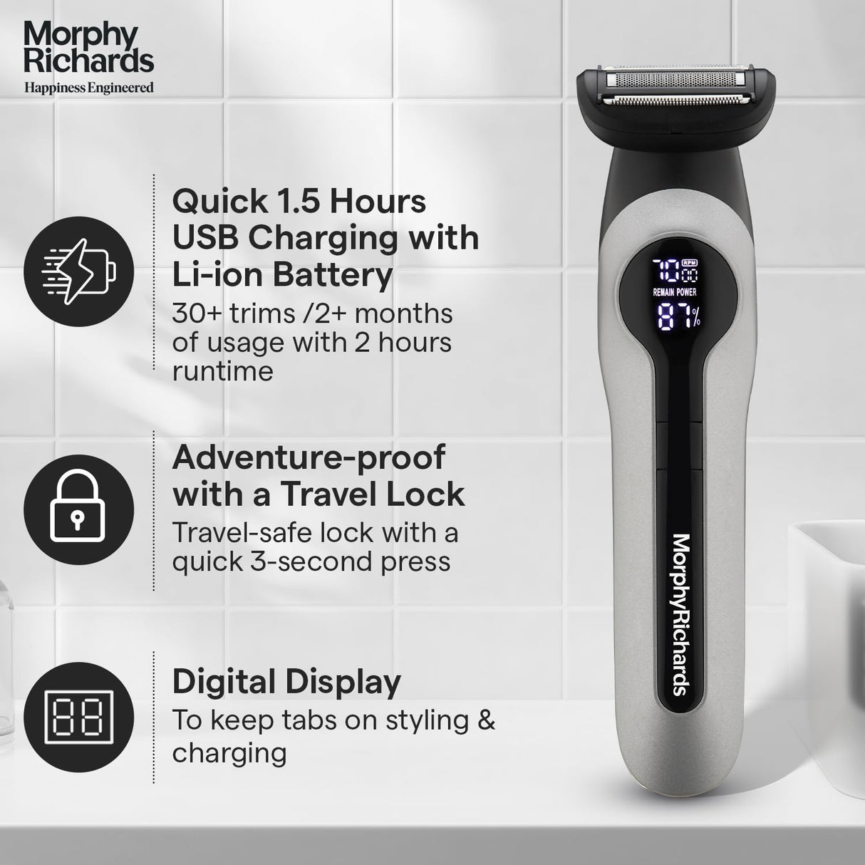 Morphy Richards Kingsman Digital 15-IN-1 Body Groomer (Silver & Black)