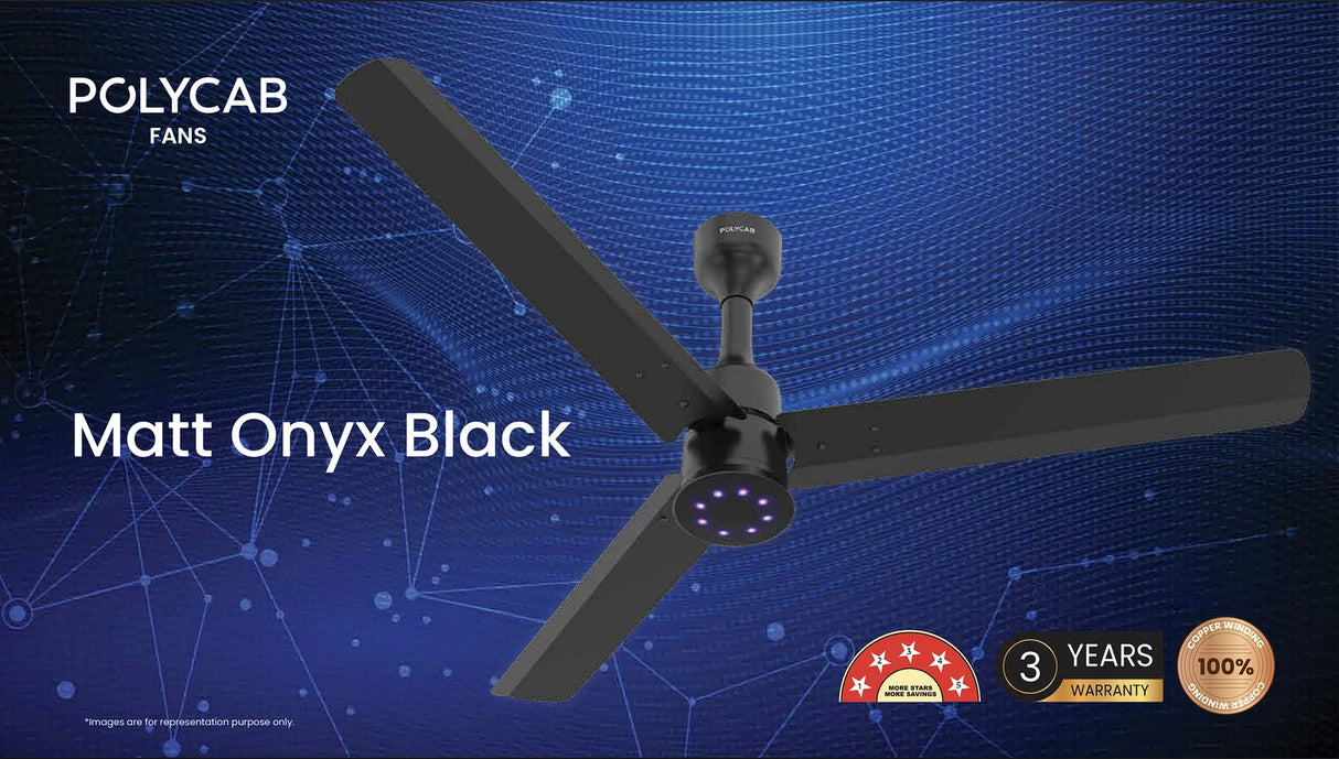Ceiling fan with 'Matt Onyx Black' finish on a blue background with Polycab branding.