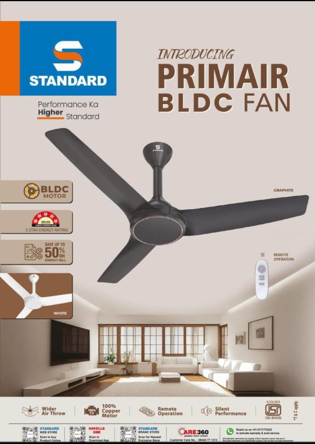 Standard Primair 1200mm BLDC 5-Star Ceiling fan with Reverse rotation (ABS Body, Satin White)