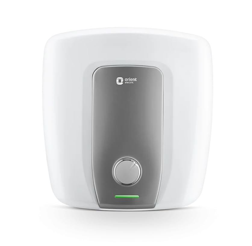 White and gray water heater with Orient Electric logo on a white background