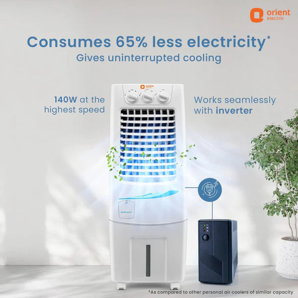 This orient electric super cool 30L consumes 65% less electricity with 140W at the highest speed which works seamlessly with inverter .