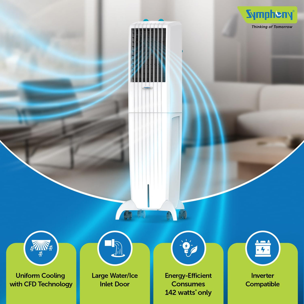 Symphony Diet 50T Portable Tower Air Cooler (50L, White)