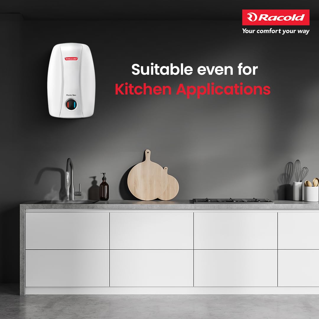 White Racold water heater on a kitchen wall with 'Racold' branding and text 'Suitable even for Kitchen Applications'.