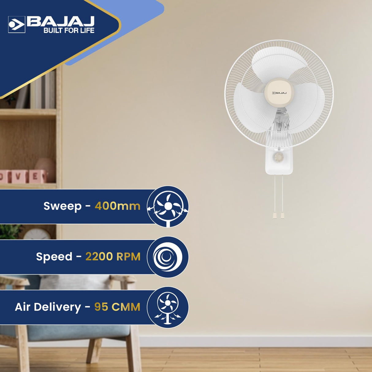 Bajaj Shield Series Robusto 400MM High Speed Wall Fan (Beige & White)