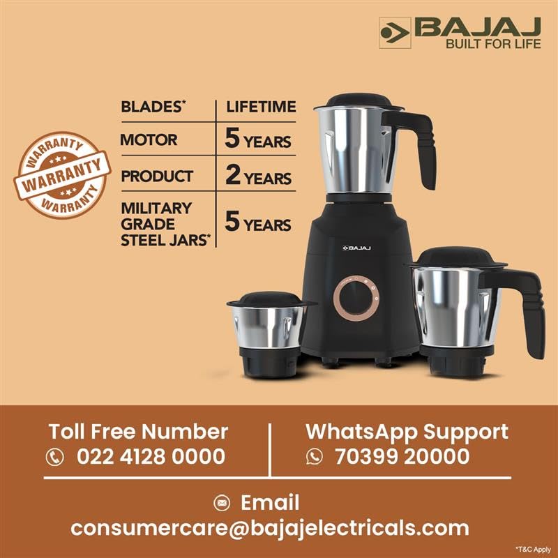 Bajaj Military Series Finesse 750W Mixer Grinder with 3 Stainless Steel Military Grade Jars (Midnight Black)