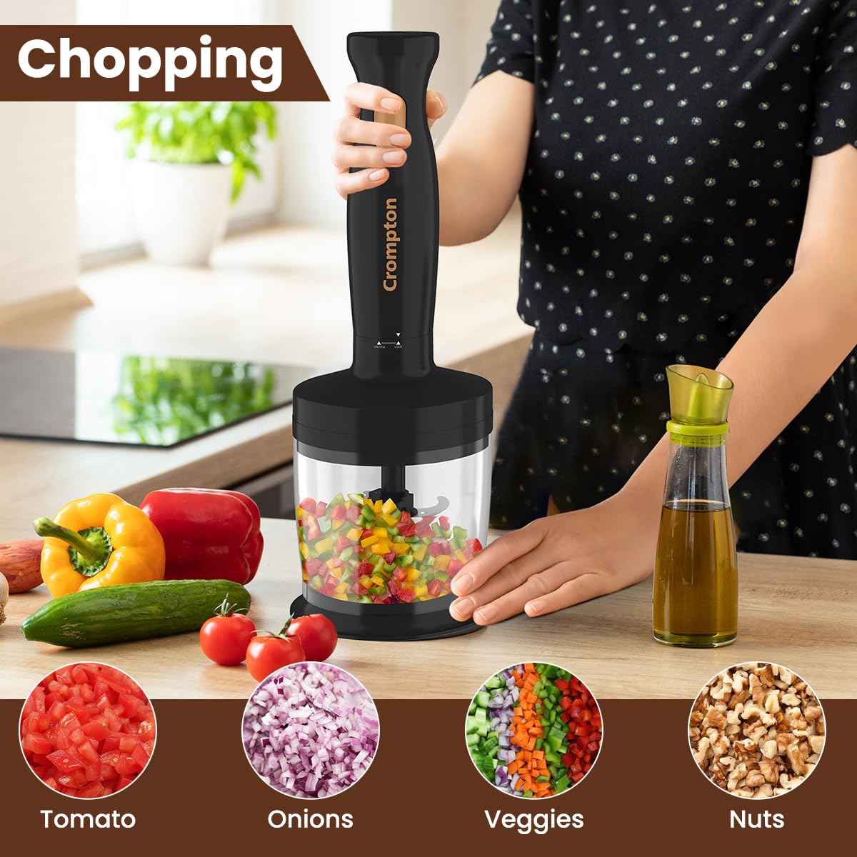 Crompton AMEO TRIO Hand blender+ Chopper+ whisker 300Watts (Black & Golden)