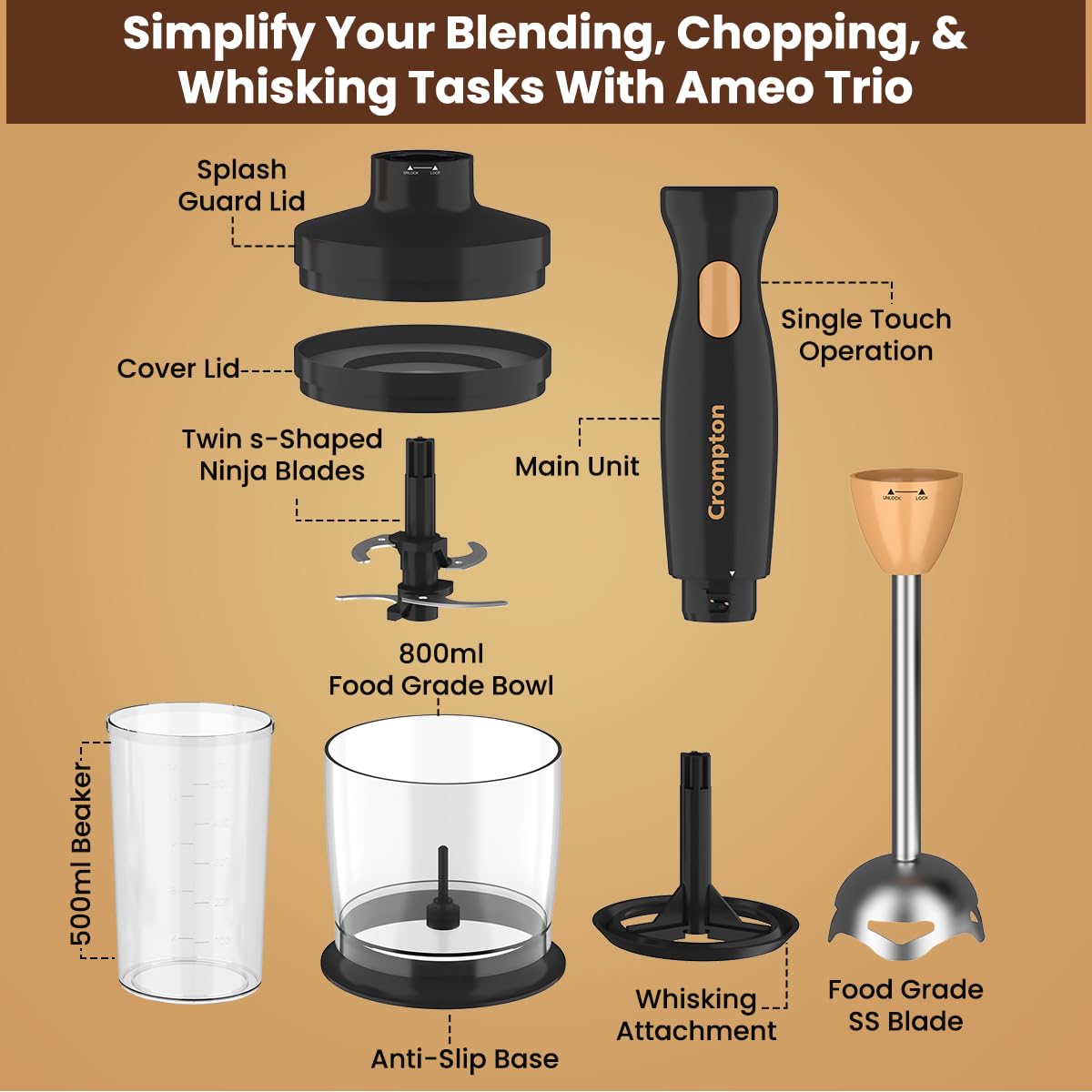 Crompton AMEO TRIO Hand blender+ Chopper+ whisker 300Watts (Black & Golden)